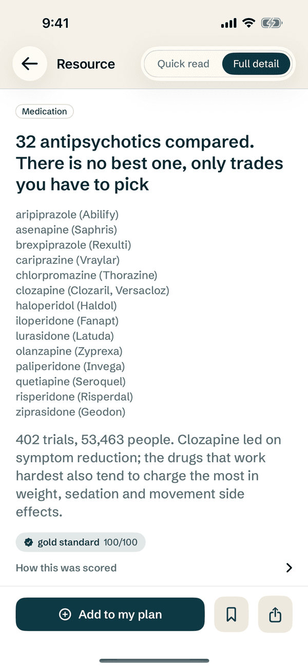 veisund app - a resource in the evidence library: 32 antipsychotics compared, with the trial count, the evidence grade and the source